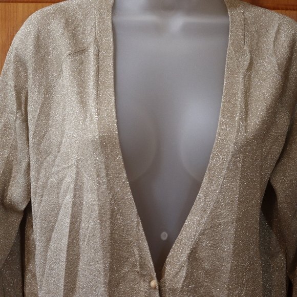 Talbots Gold Sparkle Metallic Cardigan Sweater LG Glam Holiday Office Wear - Picture 5 of 10